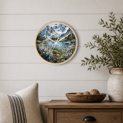 Round wall clock with a light wood frame featuring a colorful mountain lake landscape print, styled on a white shiplap wall above a wooden side table with a plant and decorative bowl.