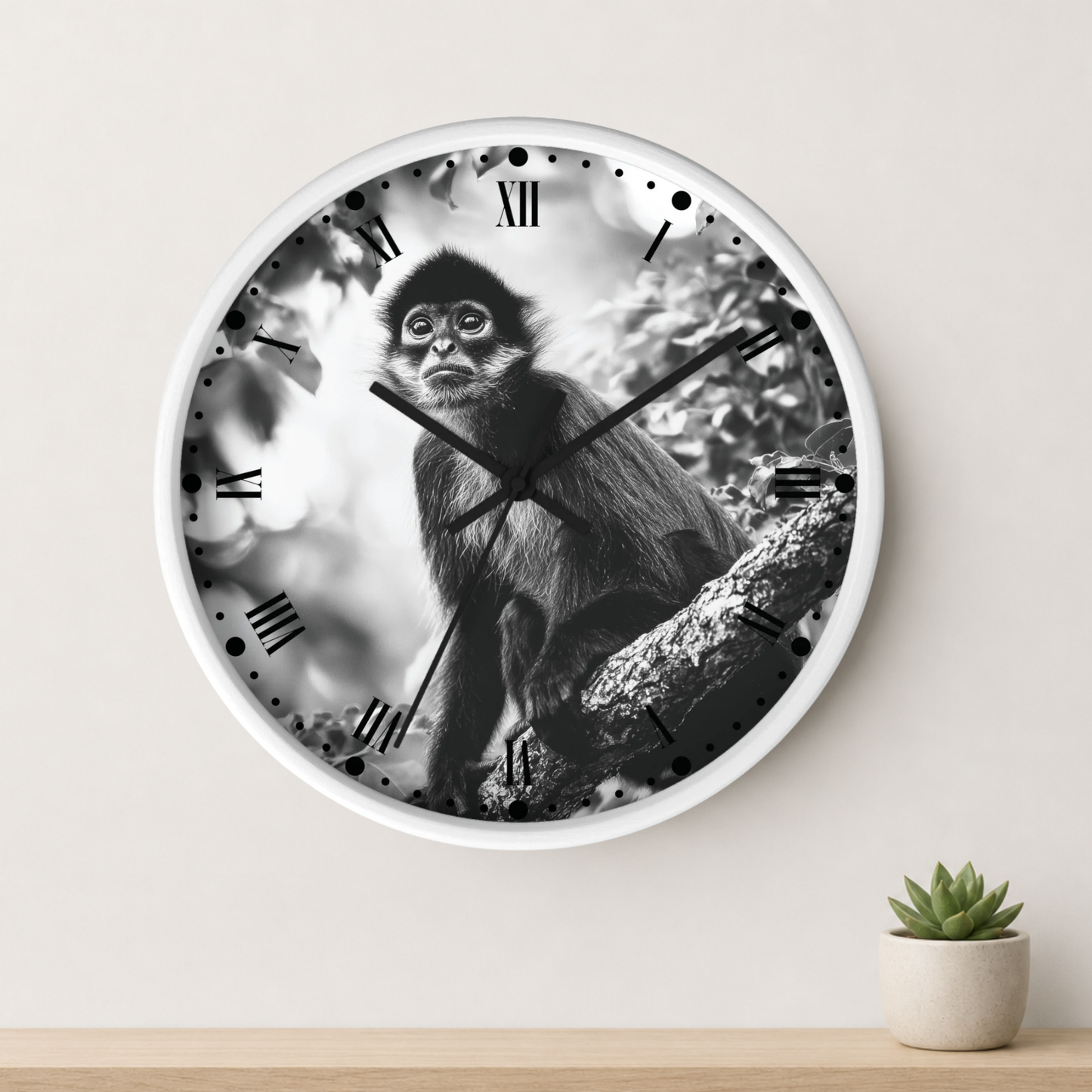 A round wall clock with a white frame and a black-and-white photographic print of a monkey sitting on a tree branch, mounted on a light beige wall above a wooden surface with a small potted succulent.