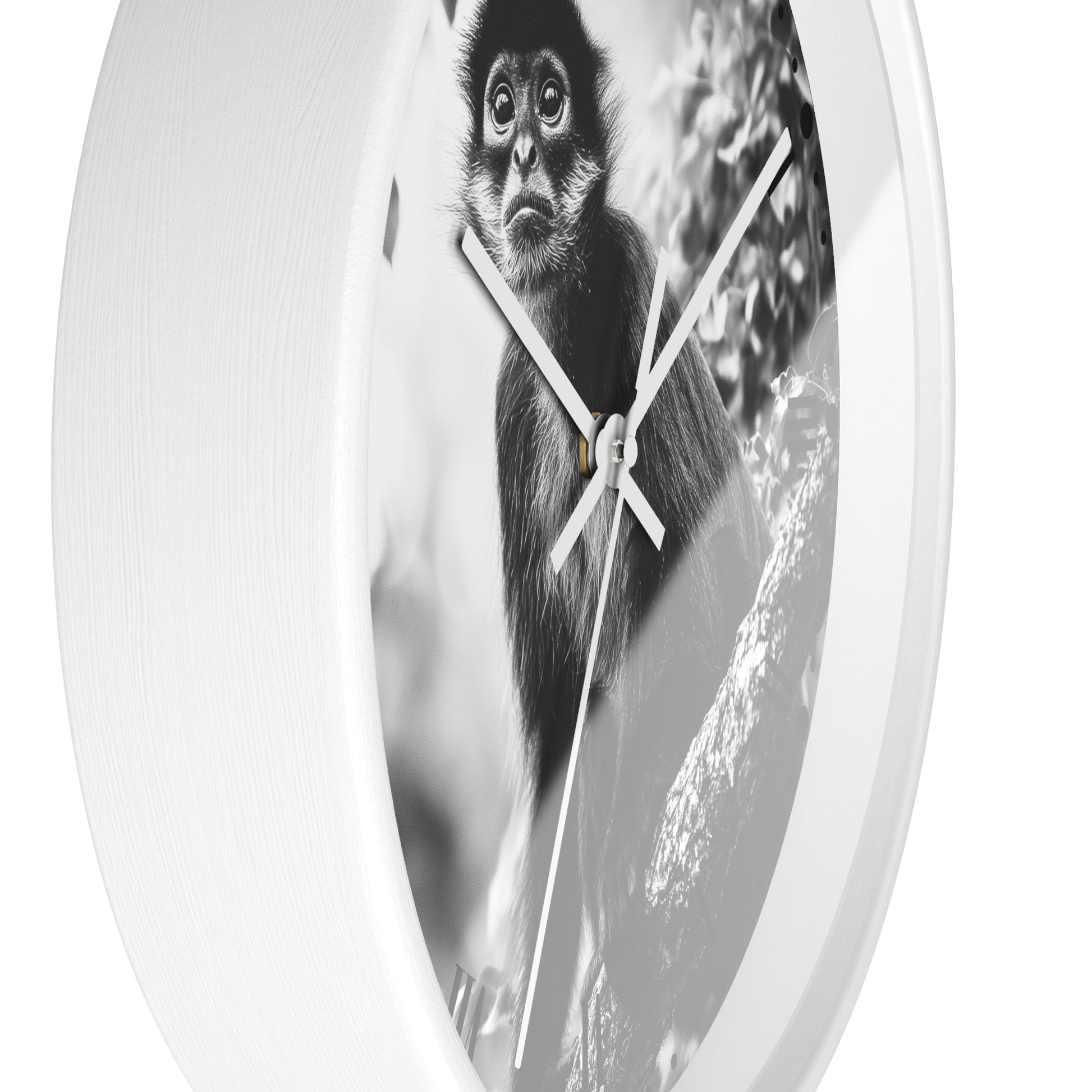 Round wall clock with a white frame and a black-and-white photographic print of a monkey on the face, shown against a plain white background.