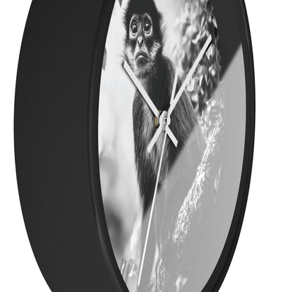 A round wall clock with a black frame and white hands, featuring a black-and-white photograph of a monkey on the faceplate, shown against a plain white background.