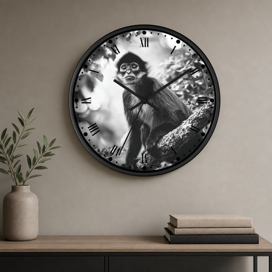 A round wall clock with a black frame and a black-and-white photograph of a monkey on the clock face, mounted on a beige wall above a wooden console table with a vase and books.