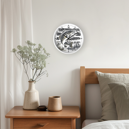 A round wall clock with a black and white fish illustration hangs on a light beige wall above a wooden nightstand in a styled bedroom setting.