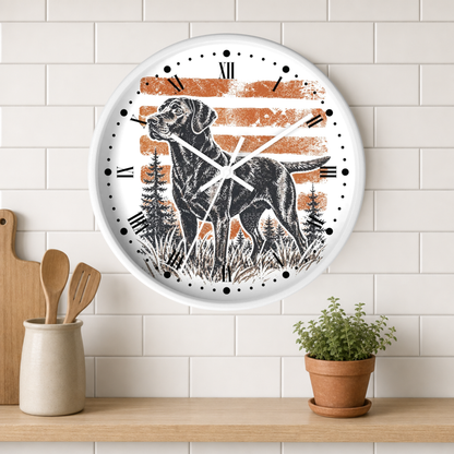 A round wall clock with a white frame hangs on a white subway tile wall above a wooden shelf. The clock face features a black and white illustration of a hunting dog standing in a field, set against a background of horizontal orange and brown stripes.