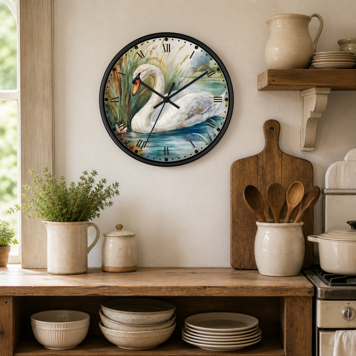 A round wall clock with a black frame and a printed swan illustration on the face, hanging on a beige wall in a rustic kitchen setting with wooden shelves, ceramic dishes, and plants.