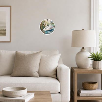 A round wall clock with a colorful floral and bird illustration, mounted on a light beige wall in a modern living room setting with a sofa, side table, and lamp.