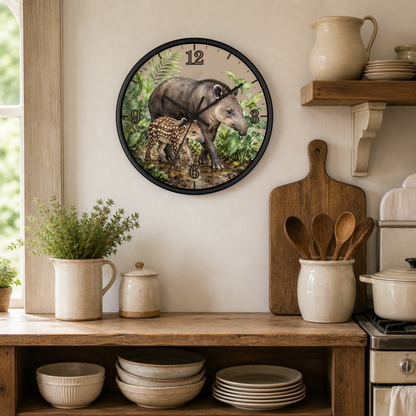 A round wall clock with a black frame hangs on a beige kitchen wall above a wooden counter. The clock face features a detailed illustration of a large bear and a baby bear among green foliage.