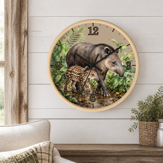 A round wall clock featuring a painted tapir and baby tapir in a jungle scene, mounted on a white wood-paneled wall above a wooden shelf with a plant and part of a sofa visible.
