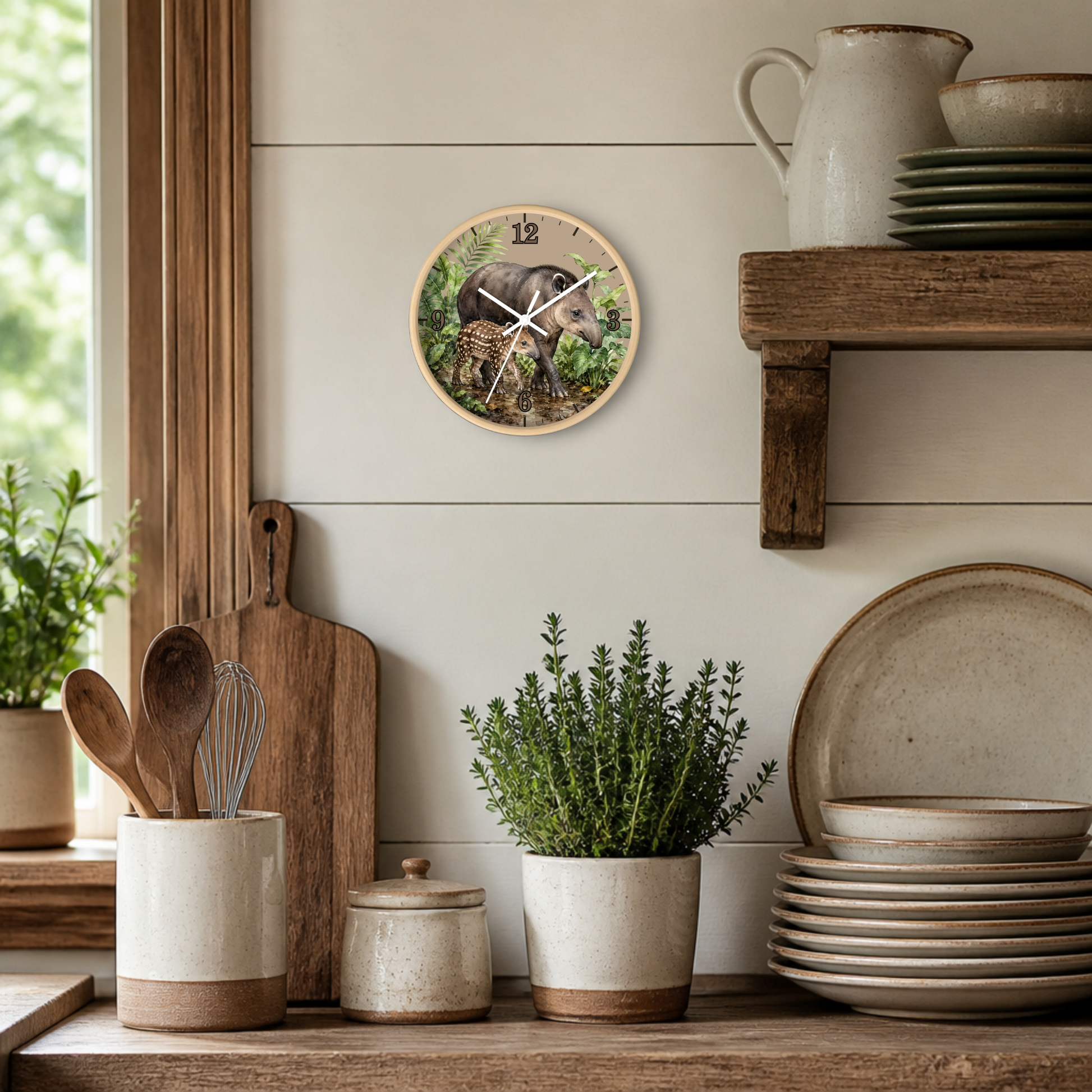 A round wall clock featuring a rustic illustration of a bear in a field, styled on a light beige shiplap wall above a wooden shelf with ceramic dishes and plants.