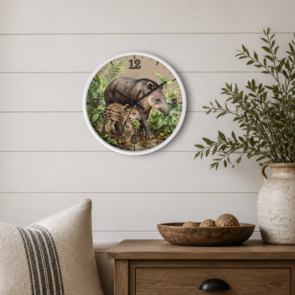 A round wall clock featuring a detailed illustration of a mother tapir and her baby in a jungle scene, mounted on a light beige shiplap wall above a wooden side table with a plant and decorative bowl.