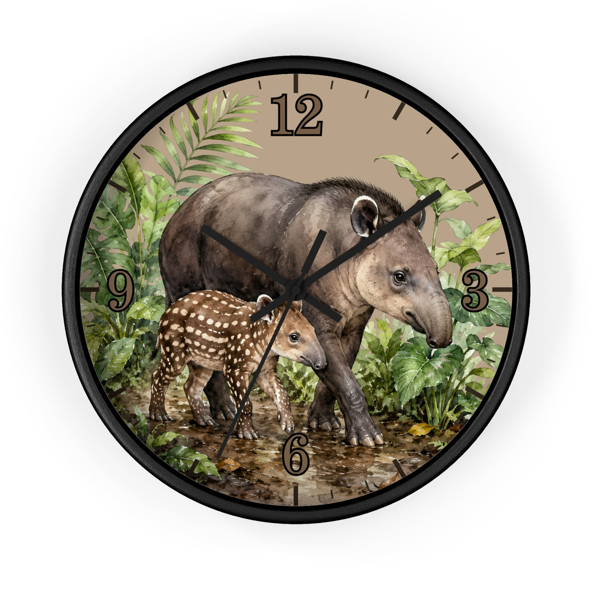 Round wall clock with a black frame and a tropical scene featuring a tapir and its foal among green leaves on a beige background, with black Arabic numerals.