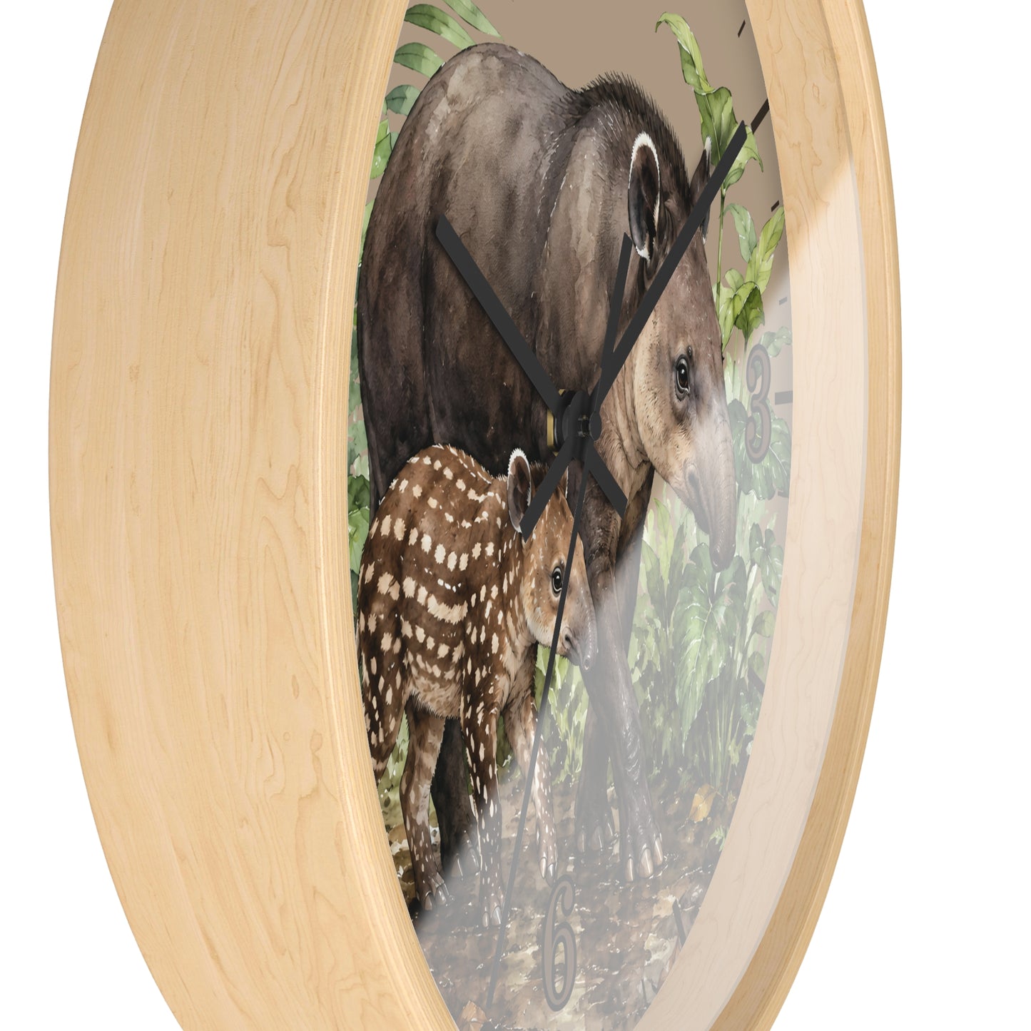 Round wall clock with a light natural wood frame and a printed center scene showing a large gray animal and a spotted brown-and-white baby animal among green leaves, photographed on a white background.
