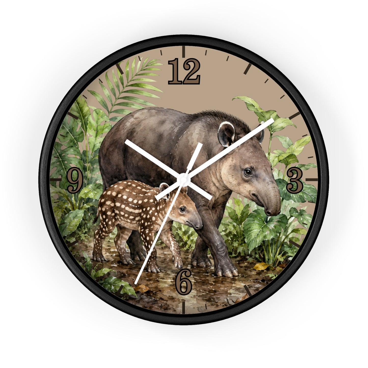 Round wall clock with a black frame and a printed illustration of a tapir and its foal among tropical leaves, with black Arabic numerals on a light beige background.