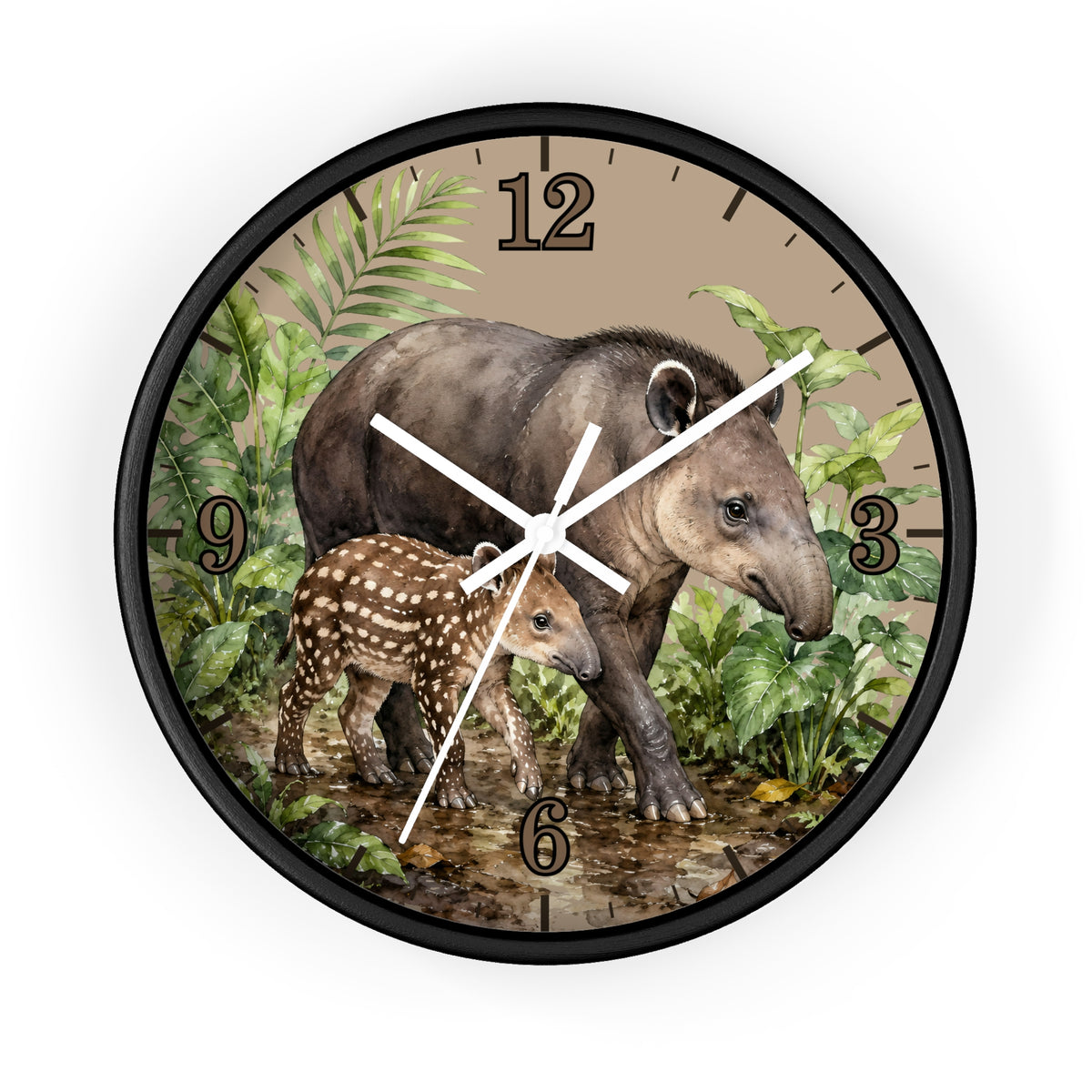 Round wall clock with a black frame and a printed illustration of a tapir and its foal among tropical leaves, with black Arabic numerals on a light beige background.