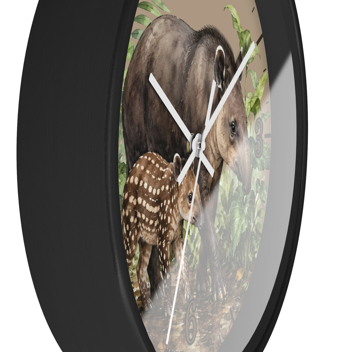 Round wall clock with a black frame and a printed animal scene featuring an adult gray animal and a spotted baby, with white clock hands on a white background.