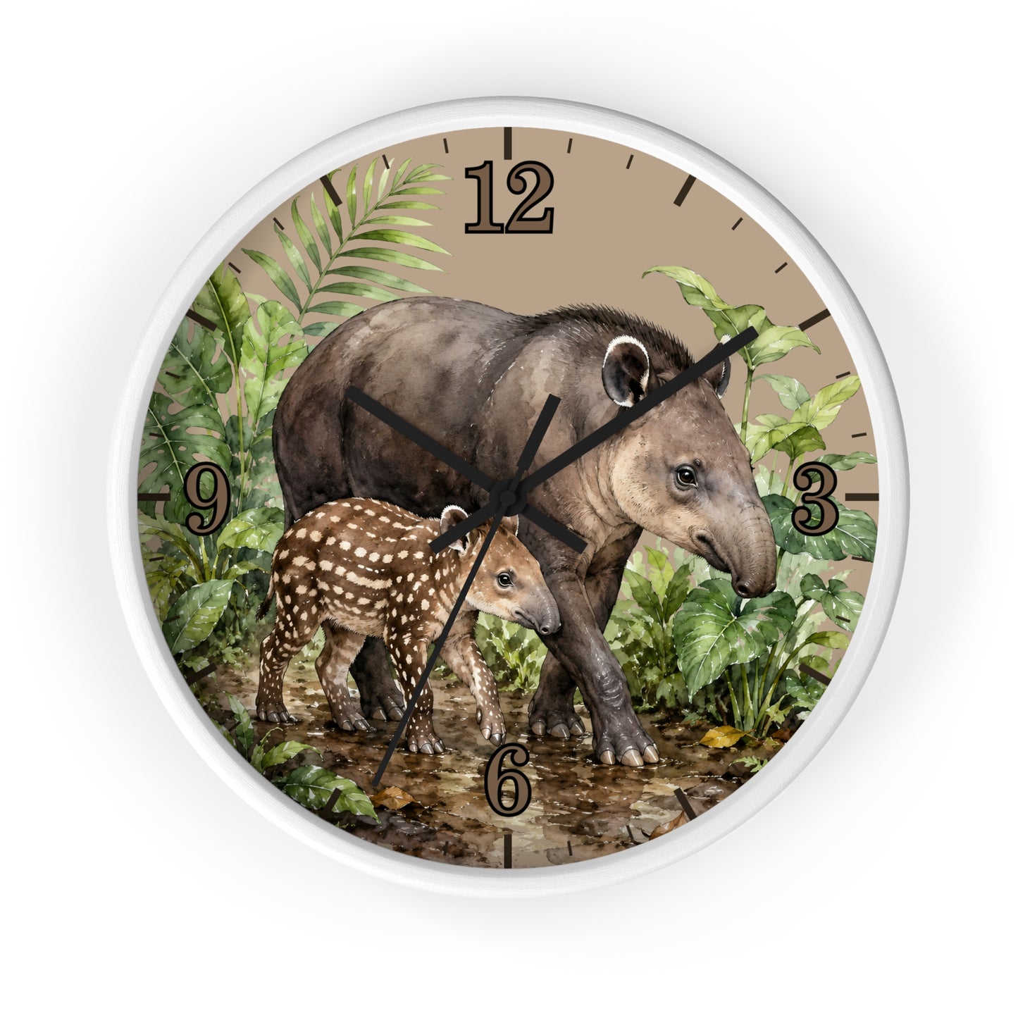Round wall clock with a white frame and a printed illustration of a tapir and its calf among tropical leaves, with black Arabic numerals and clock hands on a light gray background.