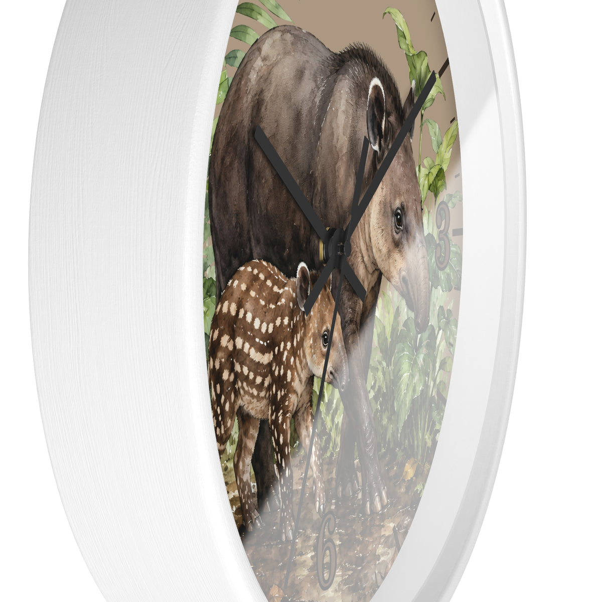 Round wall clock with a white frame and a printed tropical scene featuring a large brown animal and a spotted baby on the clock face, shown against a plain white background.