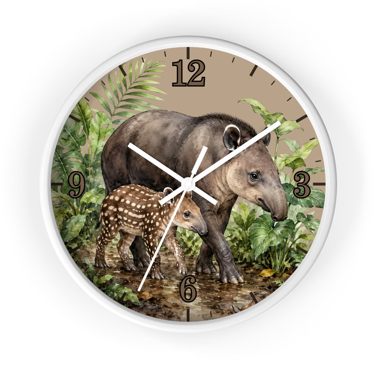 Round wall clock with a white frame and a printed tropical scene featuring a large tapir and a baby tapir among green leaves, with black Arabic numerals on a tan background.
