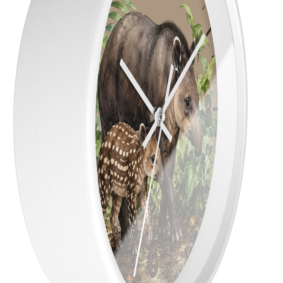 Round white wall clock featuring a printed nature scene of a tapir and a spotted deer cub on the face, with white clock hands.