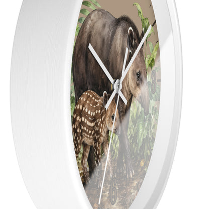 Round white wall clock featuring a printed nature scene of a tapir and a spotted deer cub on the face, with white clock hands.