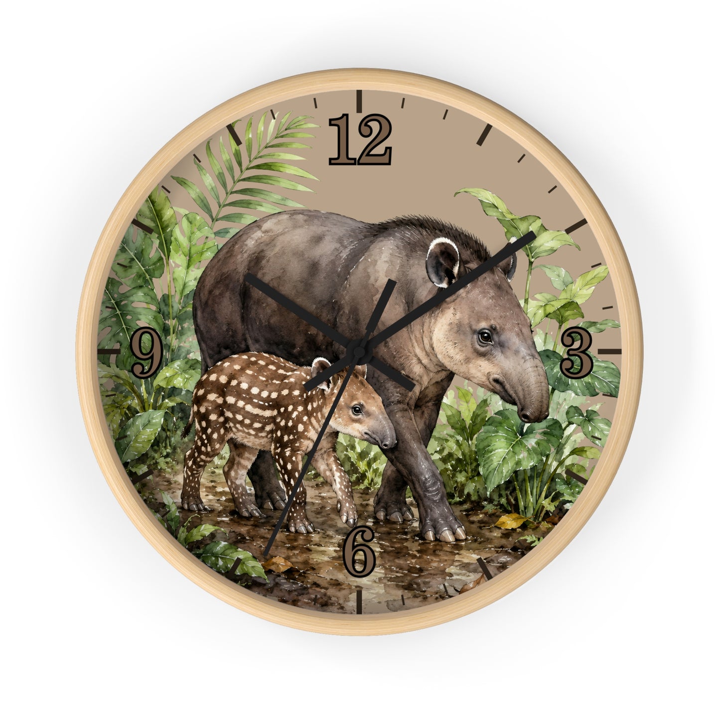 Round wall clock with a light wood frame and a printed illustration of a mother tapir and baby tapir among tropical leaves, with black Arabic numerals and hands on a white background.