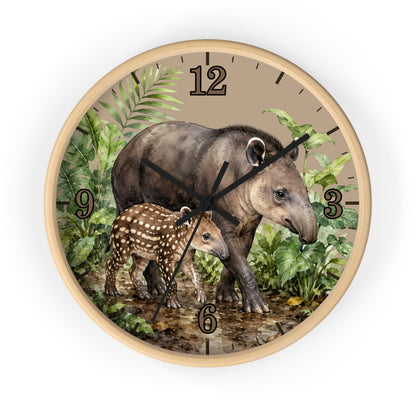 Round wall clock with a light wood frame and a printed illustration of a mother tapir and baby tapir among tropical leaves, with black Arabic numerals and hands on a white background.
