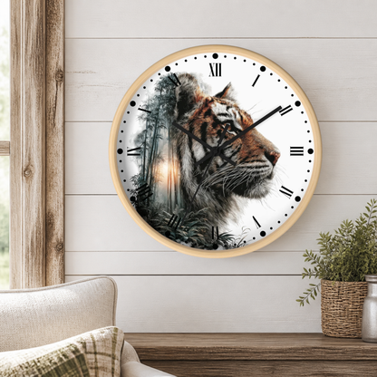 A round wall clock with a light wood frame hangs on a white shiplap wall above a wooden table. The clock face features a detailed illustration of a tiger's head layered over a misty forest scene.
