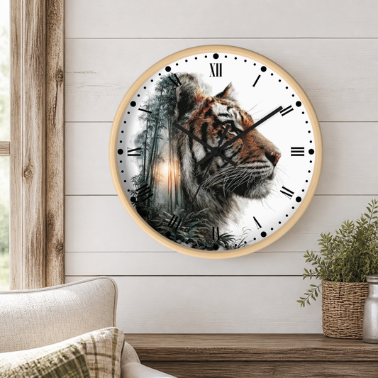 A round wall clock with a light wood frame hangs on a white shiplap wall above a wooden table. The clock face features a detailed illustration of a tiger's head layered over a misty forest scene.