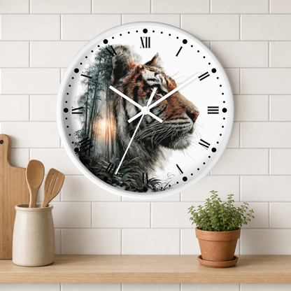 A round wall clock with a white face and Roman numerals, featuring a detailed tiger illustration over a misty forest scene. The clock is mounted on a white subway-tile wall above a wooden shelf with a small potted plant and wooden utensils.