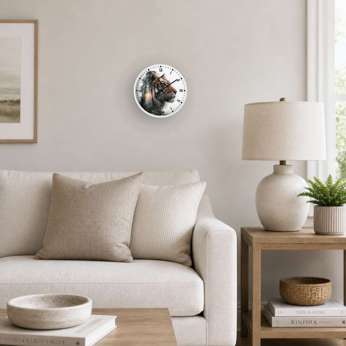 A round wall clock with a distressed, painterly design featuring a figure and dark abstract shapes, mounted on a light beige wall in a modern living room setting next to a wooden side table with a lamp.