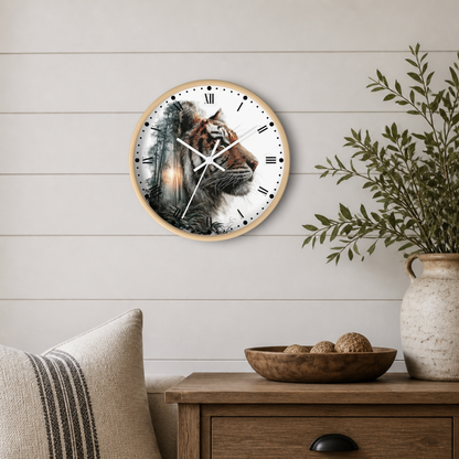 Round wall clock with a tiger illustration on the face, mounted on a white shiplap wall above a wooden side table with a plant and bowl.