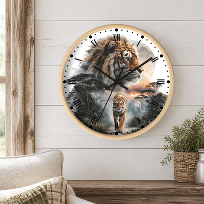 A round wall clock with a light wood frame hangs on a white shiplap wall above a wooden mantel. The clock face features a dramatic illustration of a tiger in a misty forest scene, with black Roman numerals and black clock hands.