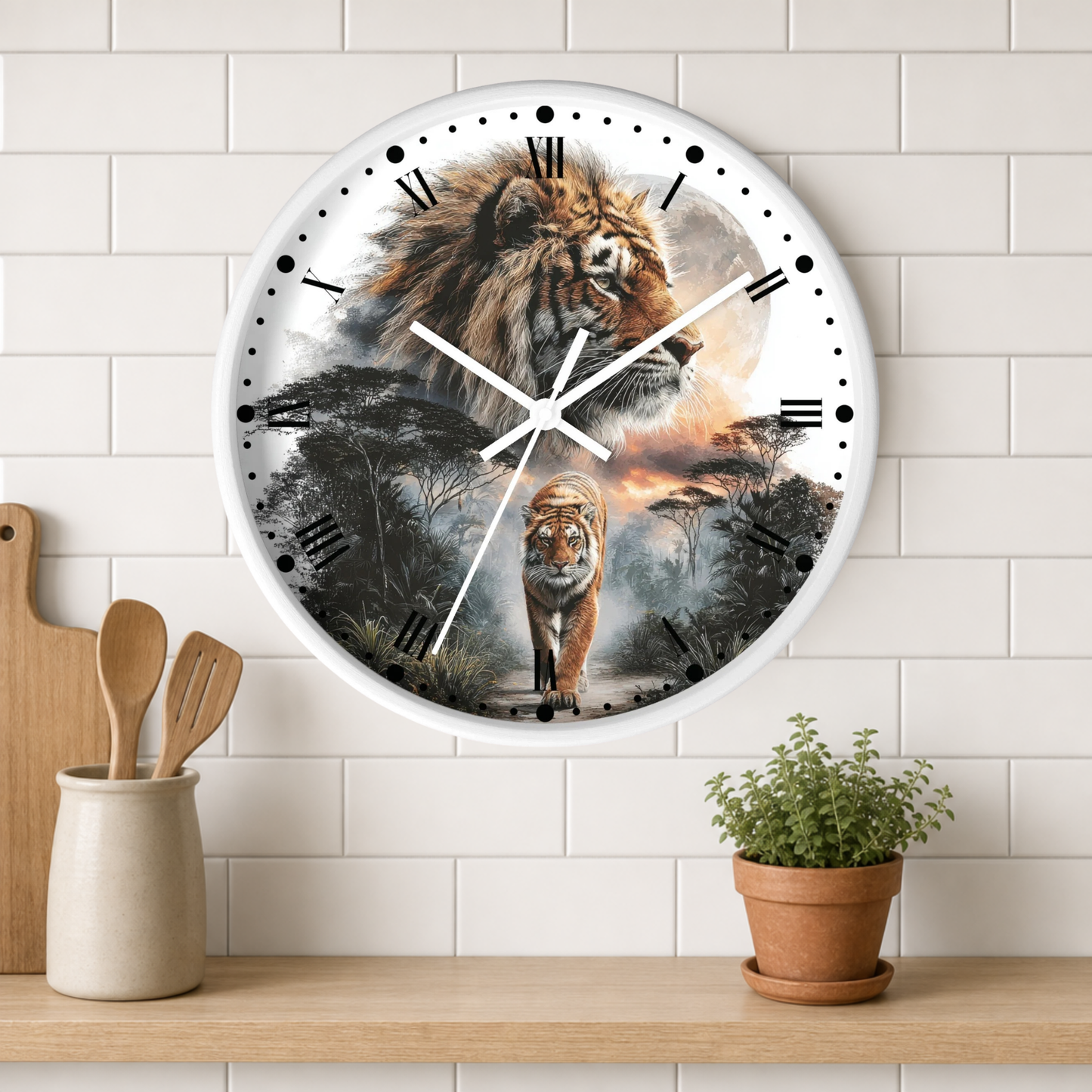 A round wall clock with a white frame hangs on a white subway-tile wall above a wooden shelf. The clock face features a detailed tiger safari scene with black Roman numerals and white clock hands.