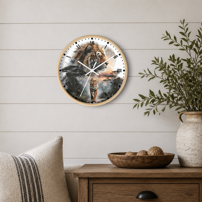 Round wall clock with a light wood frame featuring a tiger artwork, mounted on a white shiplap wall above a wooden side table with a plant and decorative bowl.
