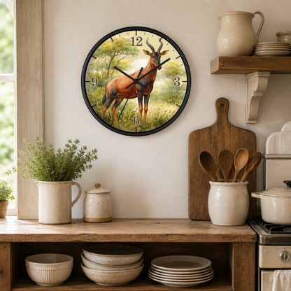 A round wall clock with a black frame hangs on a beige wall in a rustic kitchen setting. The clock face features a detailed illustration of a brown antelope standing in a grassy field with trees in the background.