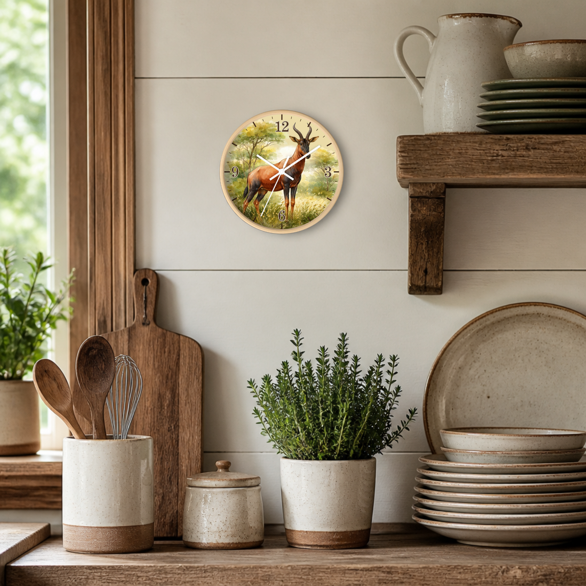A round wall clock featuring a painted deer in a grassy field, mounted on a white shiplap wall above a rustic wooden shelf with ceramic dishes and plants.