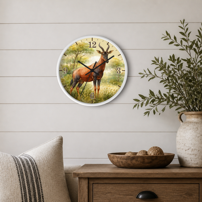 Round wall clock with a white frame featuring a painted antelope illustration, mounted on a light wood shiplap wall above a wooden side table with a vase and bowl.