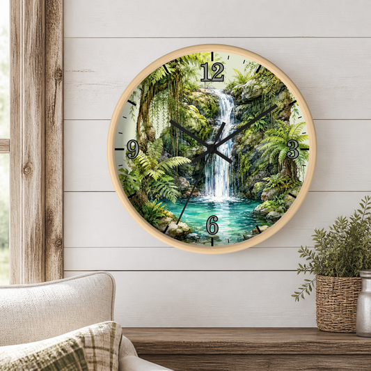 A round wall clock with a light wood frame and a printed tropical jungle waterfall scene, mounted on a white shiplap wall above a wooden shelf with a chair and plant visible.