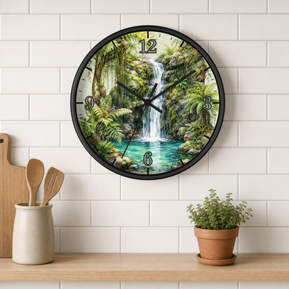 A round wall clock with a black frame and a tropical waterfall landscape print, mounted on a white subway tile wall above a wooden shelf with kitchen utensils and a potted plant.