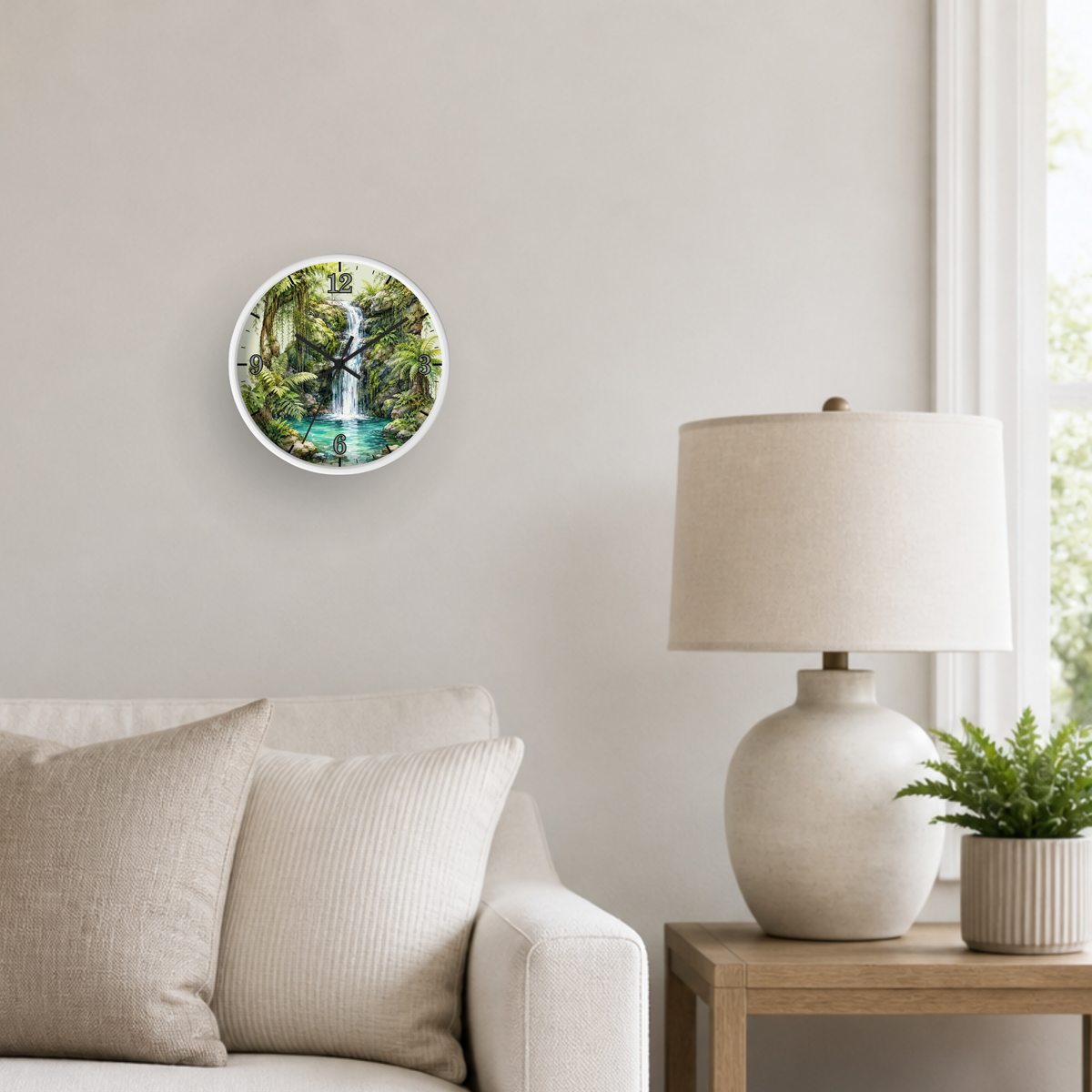 A round wall clock featuring a scenic waterfall in a lush tropical forest, styled on a light gray wall above a beige sofa next to a white table lamp and a small potted plant.