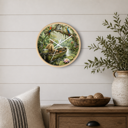 A round wall clock with a natural wood frame hangs on a white shiplap wall above a wooden side table. The clock face features a detailed illustration of a person in a rowboat on a lake surrounded by birds and trees.