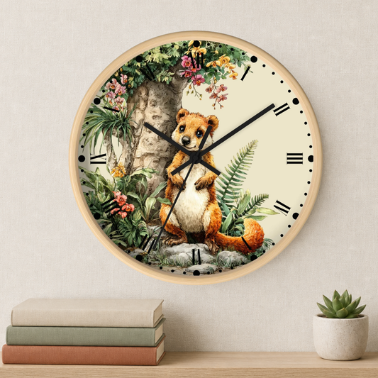 A round wall clock with a light wood frame and a whimsical illustration of a brown Quokka  standing in a lush green forest, mounted on a textured beige wall above a shelf with books and a small succulent.