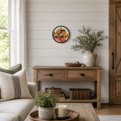 A round wall clock with a rustic jungle big cat print hangs on a white shiplap wall above a wooden console table in a styled living room setting.