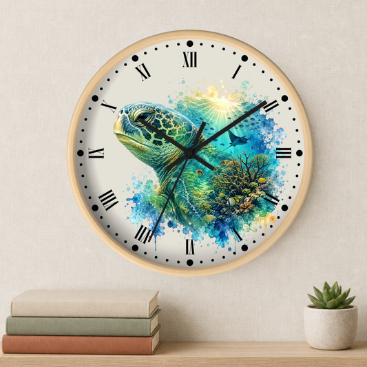 A round wall clock with a light wood frame and black Roman numerals, featuring a colorful watercolor-style sea turtle illustration on the face. The clock is mounted on a beige wall above a shelf with stacked books and a small potted succulent.