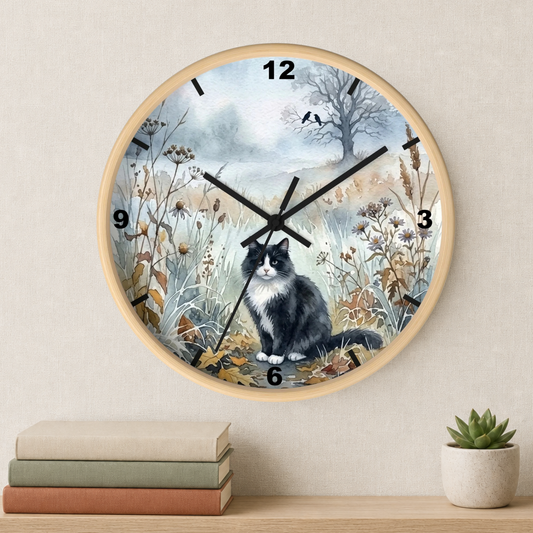 A round wall clock with a light wood frame hangs on a beige wall above a shelf. The clock face features a painted scene of a black and white cat sitting in a field of wildflowers, with a bare tree in the background.