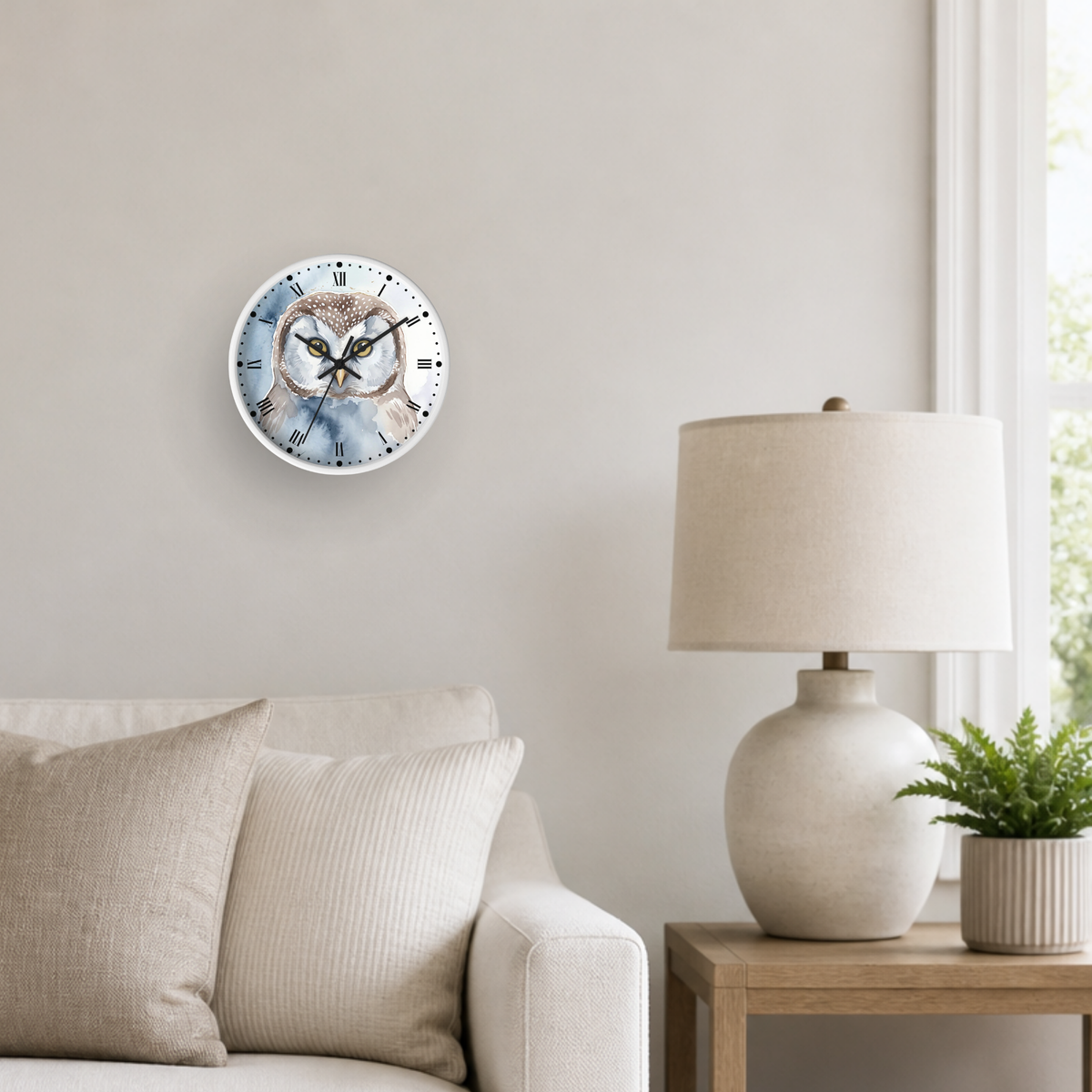 A round wall clock featuring a watercolor-style owl illustration, mounted on a light beige wall in a styled living room setting next to a lamp and sofa.