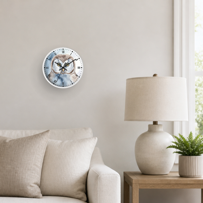 A round wall clock featuring a watercolor-style owl illustration, mounted on a light beige wall in a styled living room setting next to a lamp and sofa.