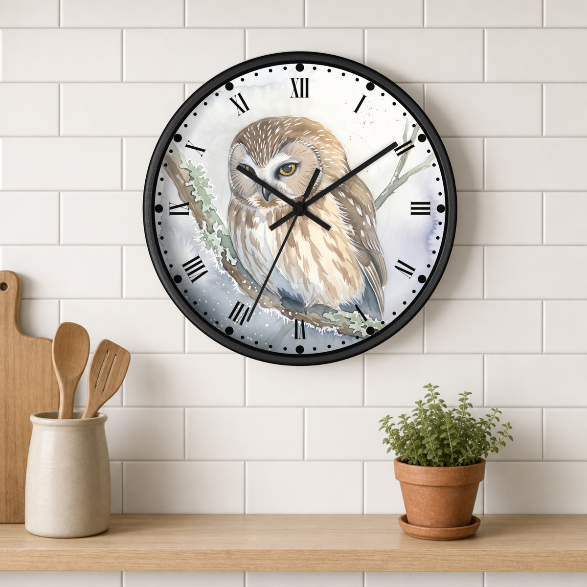 black round framed wall clock with a watercolor illustration of an owl perched on a branch. The clock is mounted on a white tiled kitchen wall.
