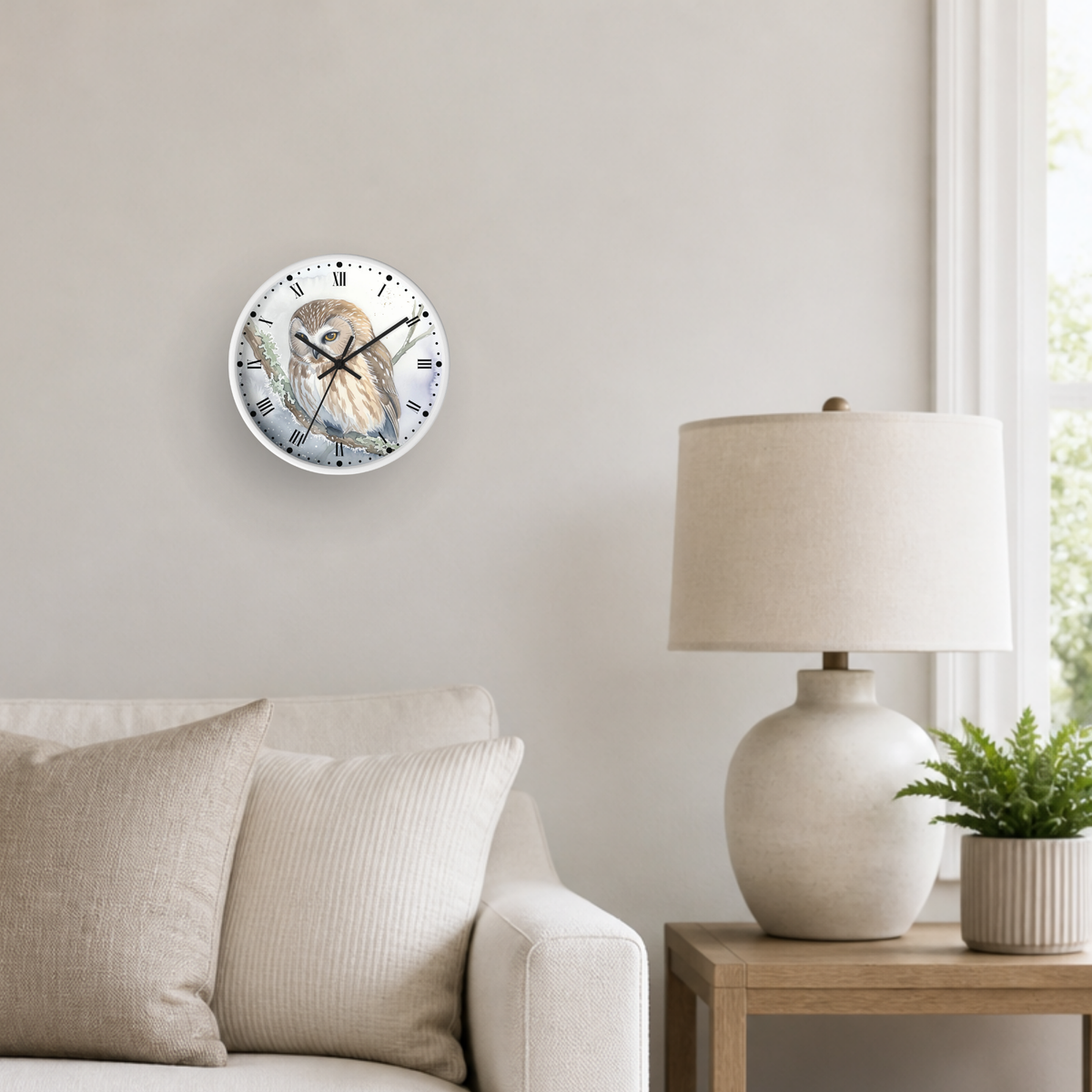 A round wall clock with an owl illustration hangs on a off white wall above a sofa in a bright, modern farmhouse living room.
