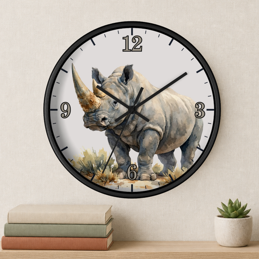 A round wall clock with a black frame and a watercolor-style rhinoceros illustration on the face, mounted on a light beige wall above a shelf with stacked books and a small potted succulent.