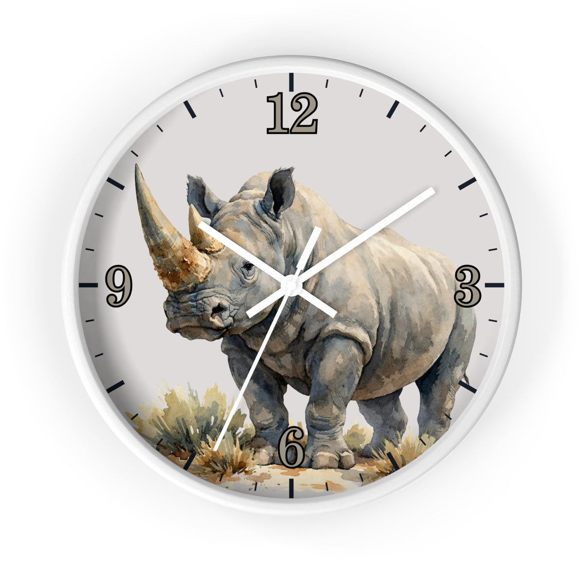 A round wall clock with a white frame and a printed rhinoceros illustration on the face, with black Arabic numerals and clock hands on a light gray background.